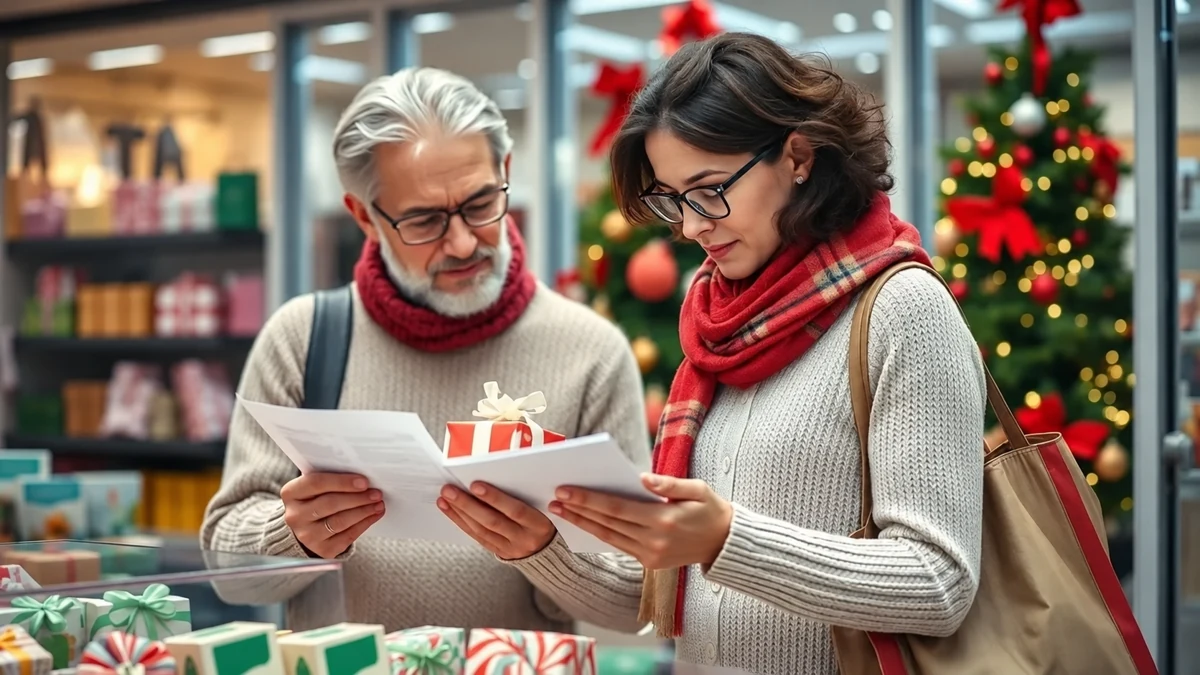 Deux adultes lisant des documents dans une boutique décorée pour Noël Deux adultes lisant des documents dans une boutique décorée pour Noël