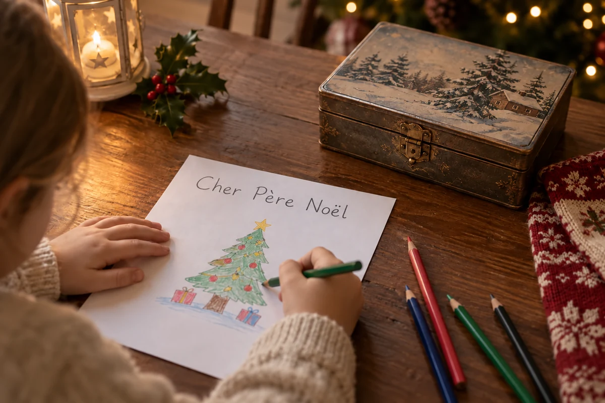 Une lettre portant Cher Père Noël et un dessin de sapin à côté d’une boîte à souvenirs