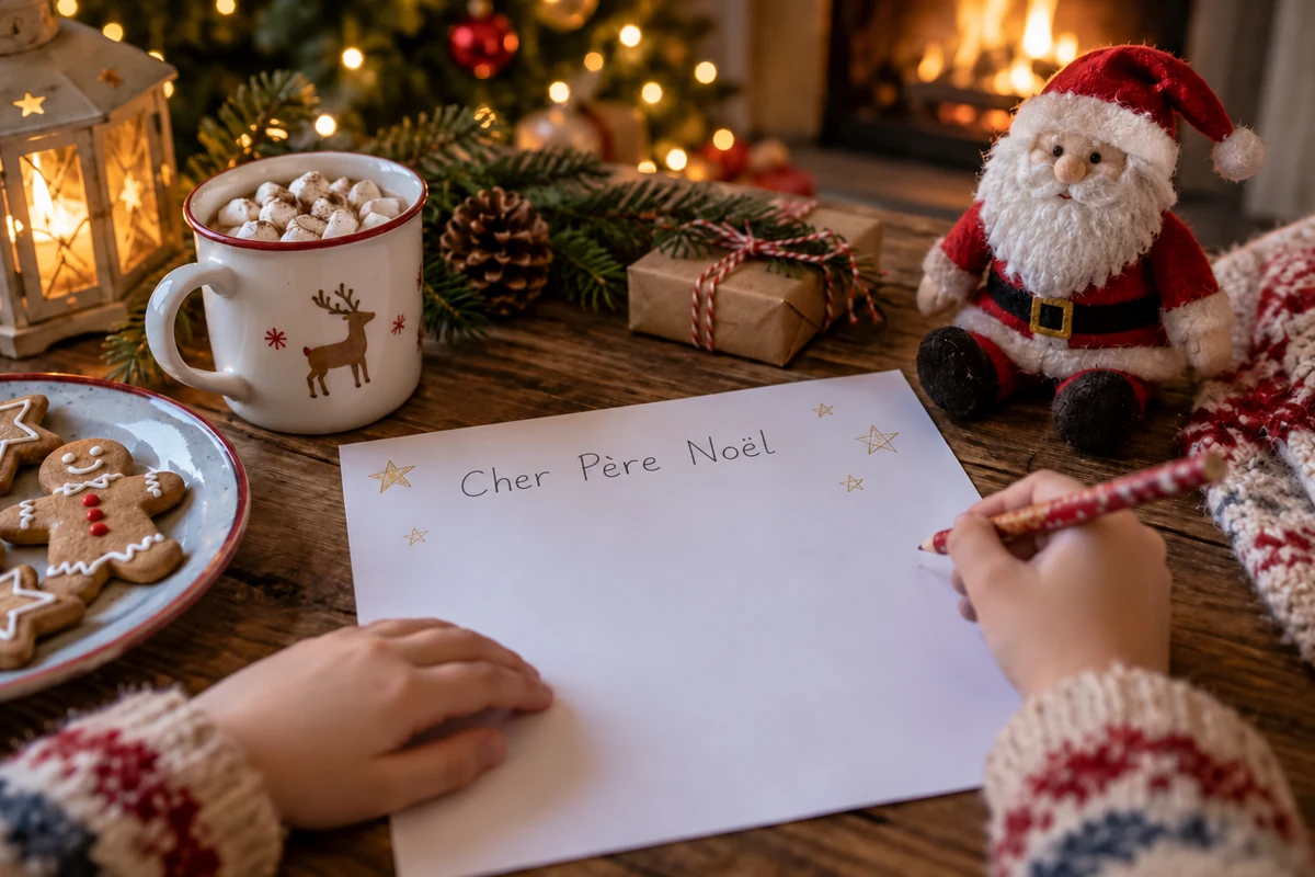 Une lettre portant Cher Père Noël, près d’une peluche de père Noël et d’une tasse de chocolat