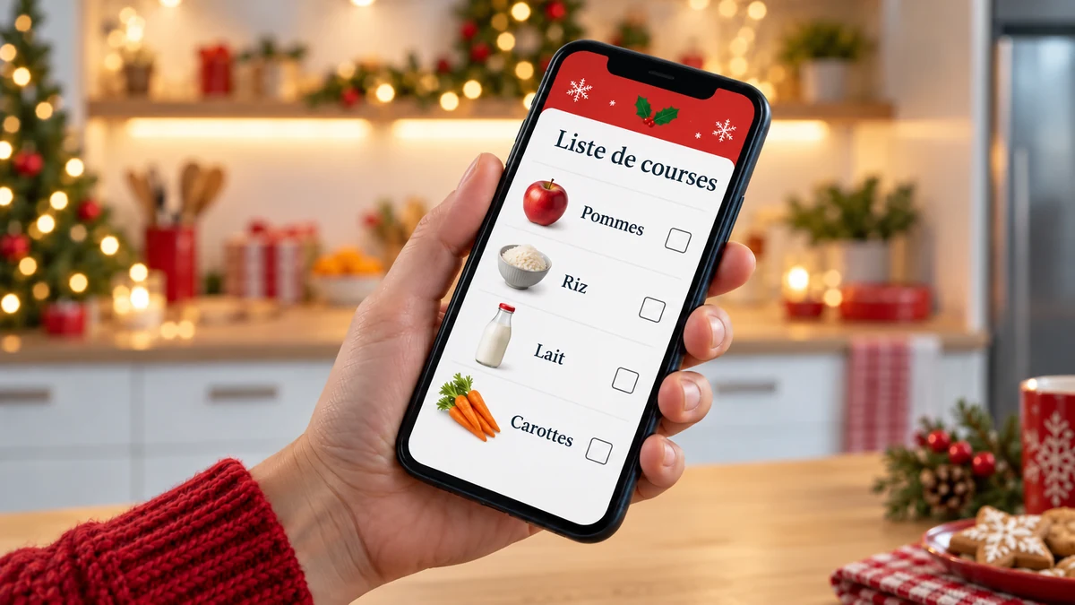 Une main tenant un téléphone avec une liste de courses en français