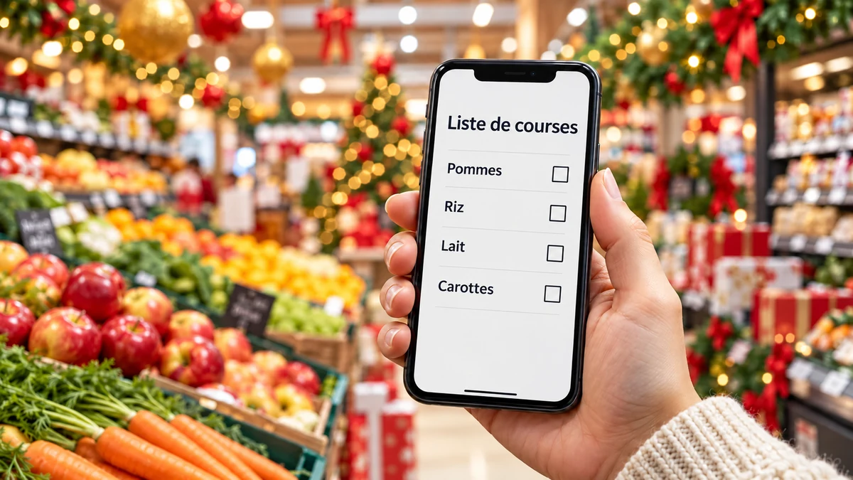 Une main tenant un téléphone affichant une liste de courses en français dans un magasin