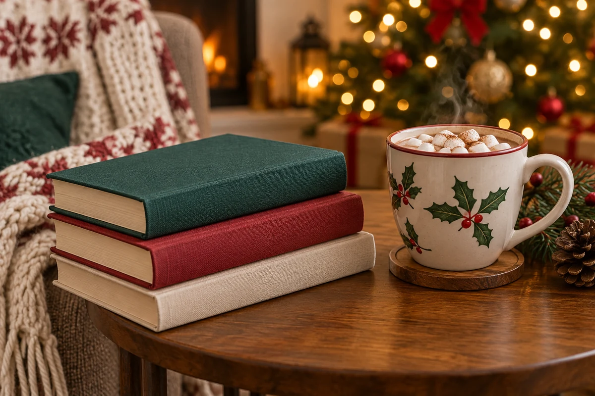 Trois livres et une tasse de chocolat chaud dans un coin lecture décoré pour Noël
