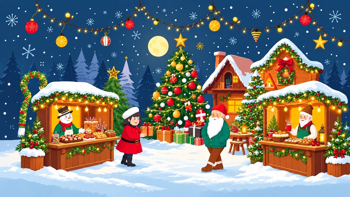 Illustration d’un marché de Noël avec des chalets, des gourmandises et un sapin illuminé