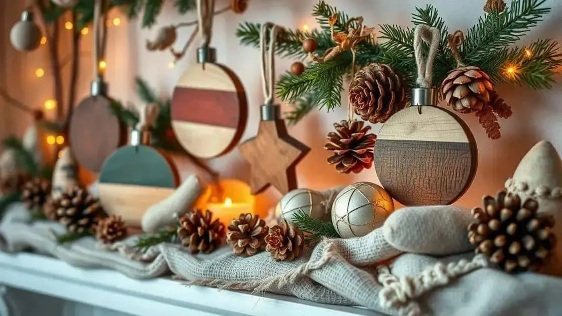 Ornements en bois, pommes de pin et tissu dans un décor de Noël Ornements en bois, pommes de pin et tissu dans un décor de Noël