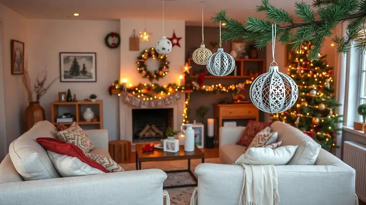 Des ornements en papier suspendus dans un salon décoré pour Noël