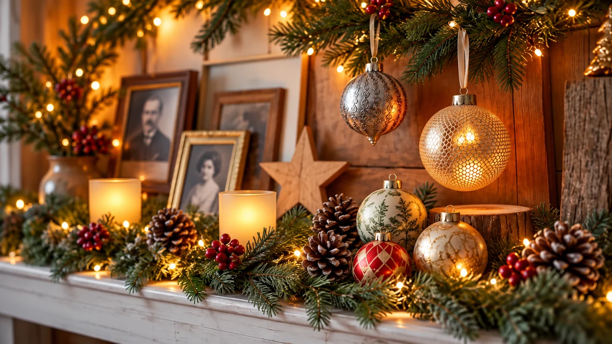 Ornements et photographies de Noël accompagnés de lumières sans flamme Ornements et photographies de Noël accompagnés de lumières sans flamme