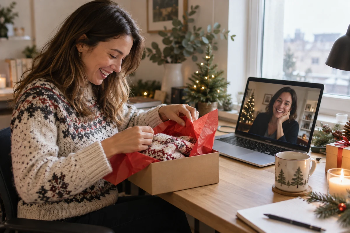 Une femme ouvre une boîte cadeau pendant un appel vidéo Une femme ouvre une boîte cadeau pendant un appel vidéo