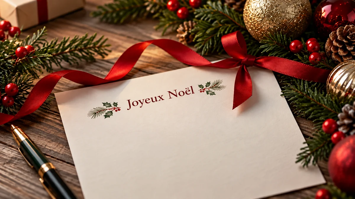 Papier à lettres portant Joyeux Noël, avec un ruban rouge et un stylo