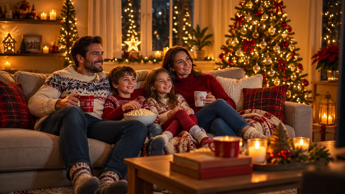 Parents et enfants réunis sur un canapé dans un salon décoré pour Noël Parents et enfants réunis sur un canapé dans un salon décoré pour Noël