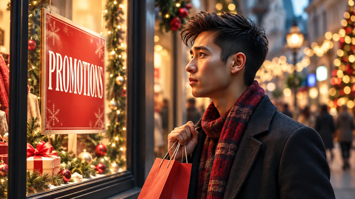Personne s’arrêtant devant une vitrine portant le mot Promotions