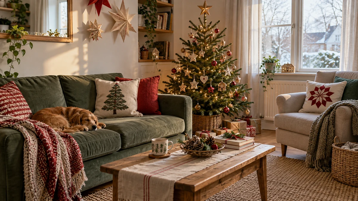 Petit salon de Noël avec étoiles en papier et décorations faites main