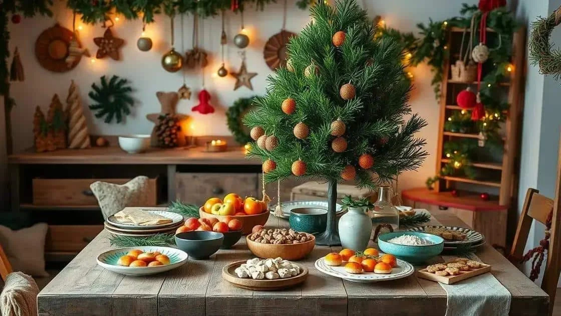Petit sapin décoré au centre d’une table avec des fruits et des plats à partager Petit sapin décoré au centre d’une table avec des fruits et des plats à partager