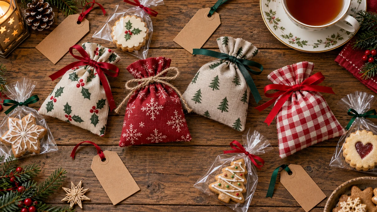 Petits cadeaux en tissu et biscuits emballés pour Noël