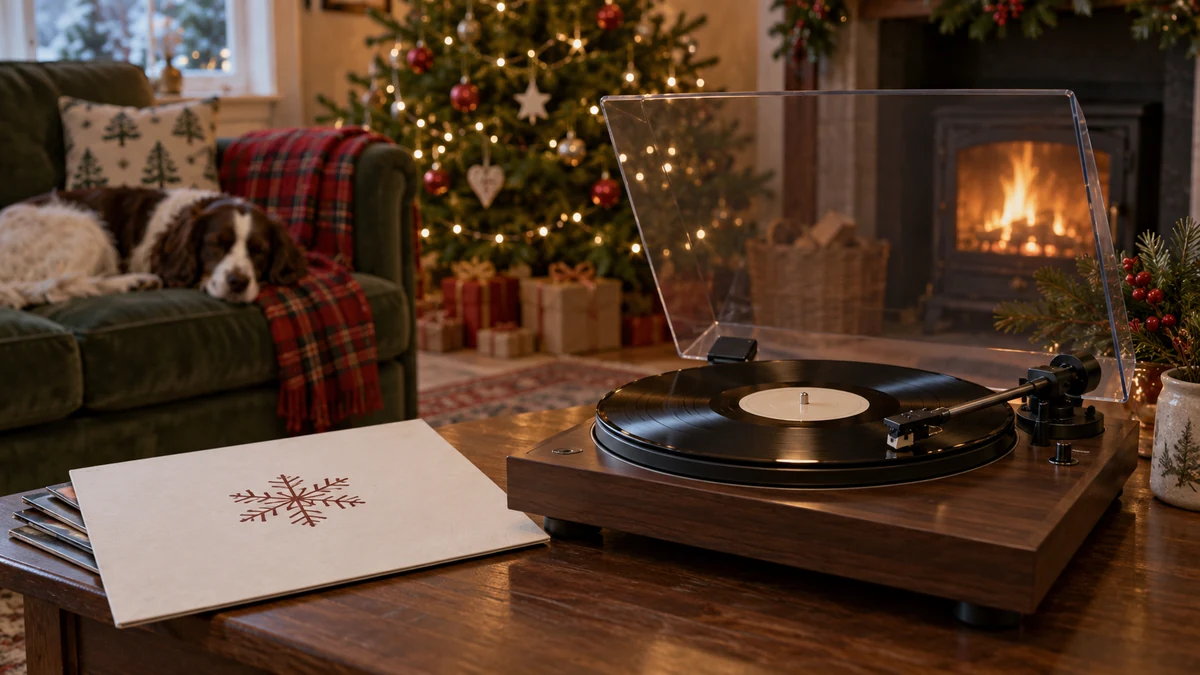 Disque vinyle sur une platine en bois, avec une pochette décorée d’un flocon Disque vinyle sur une platine en bois, avec une pochette décorée d’un flocon