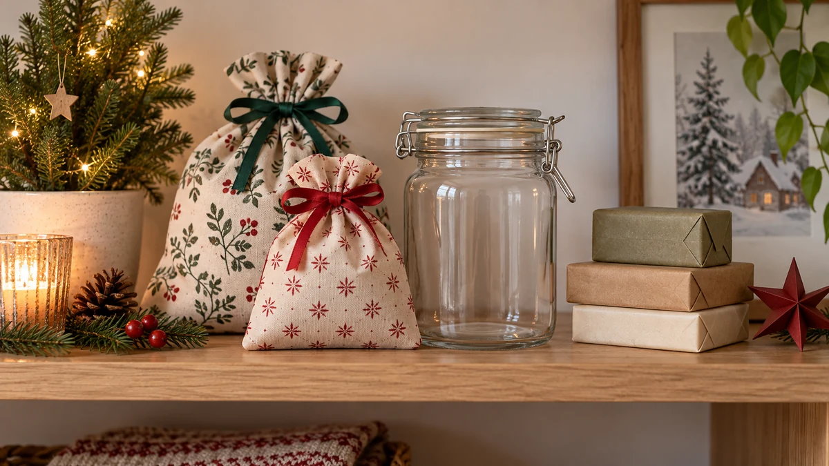 Pochettes en tissu, petits paquets en papier et bocal en verre réutilisable