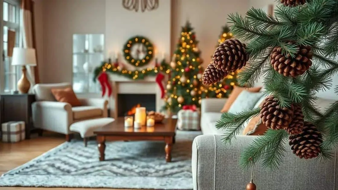 Illustration de pommes de pin au premier plan d’un salon décoré pour Noël