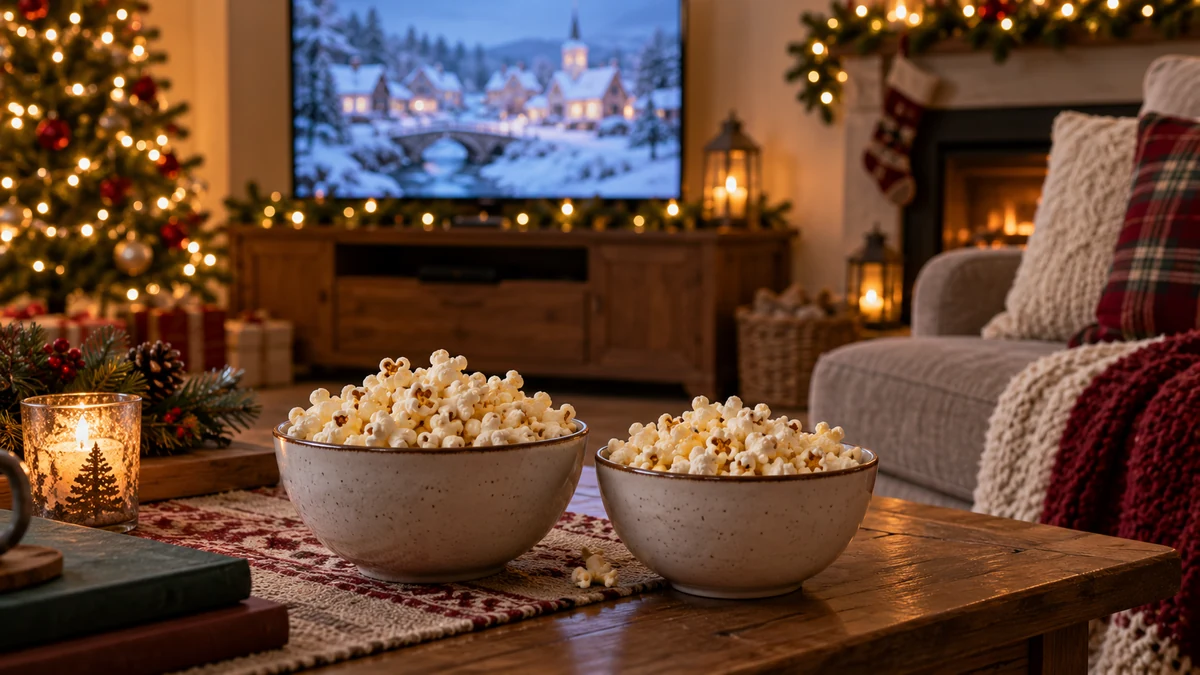 Deux bols de pop-corn sur une table devant un téléviseur et un sapin illuminé