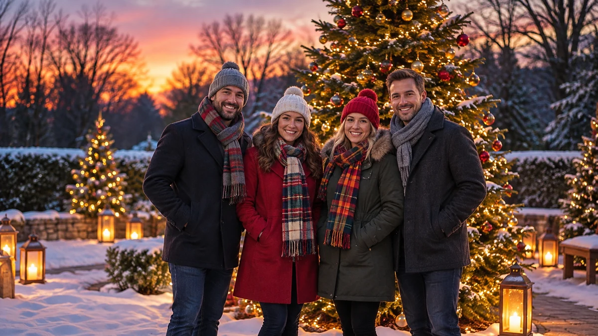 Quatre adultes posant près d’un sapin illuminé dans un décor enneigé Quatre adultes posant près d’un sapin illuminé dans un décor enneigé
