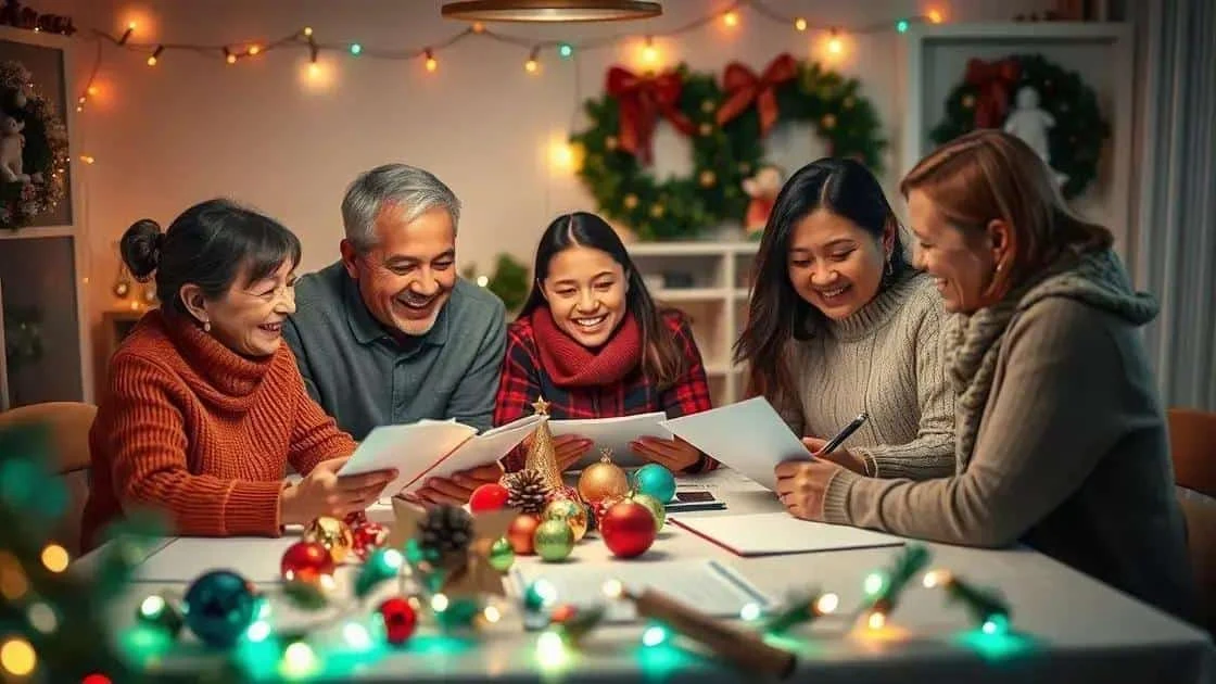 Des adultes discutant de documents autour d’une table décorée pour Noël