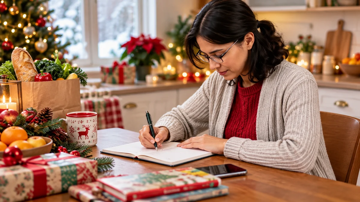Femme préparant une liste dans une cuisine décorée pour Noël