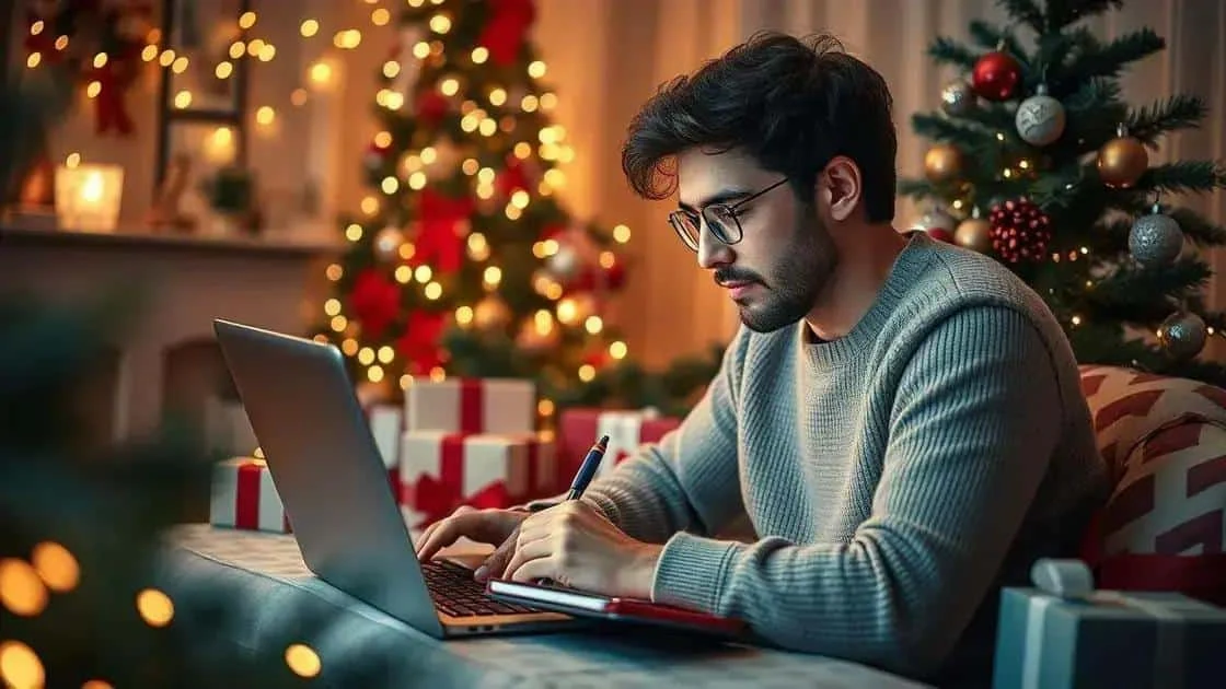 Un homme travaillant sur un ordinateur portable à côté d’un sapin Un homme travaillant sur un ordinateur portable à côté d’un sapin