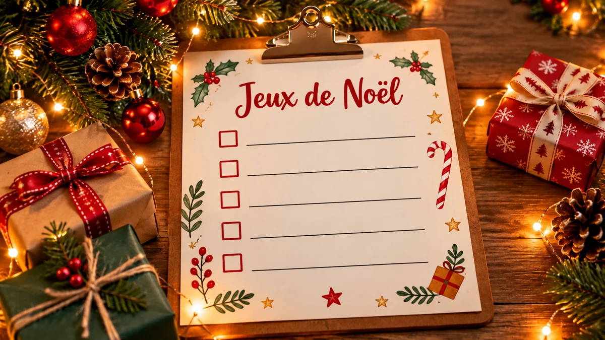 Une feuille intitulée « Jeux de Noël » avec cinq cases vides sur une planchette