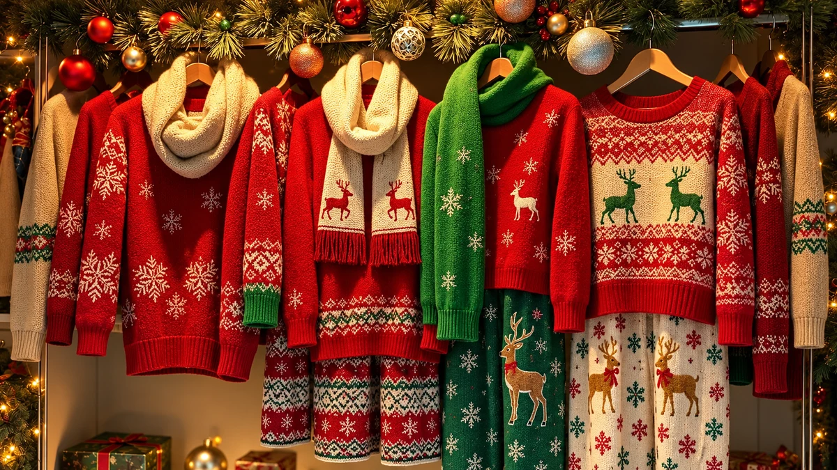 Pulls et écharpes aux couleurs de Noël sur un portant décoré