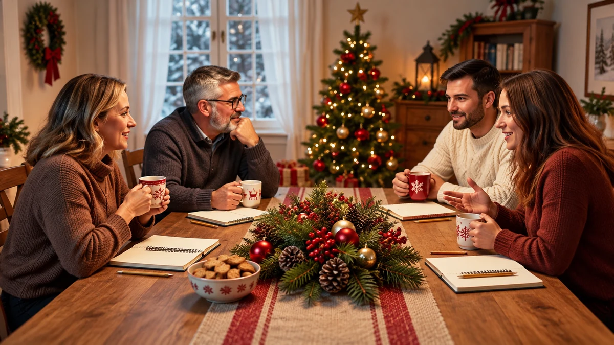 Quatre adultes discutent des préparatifs de Noël avec des carnets