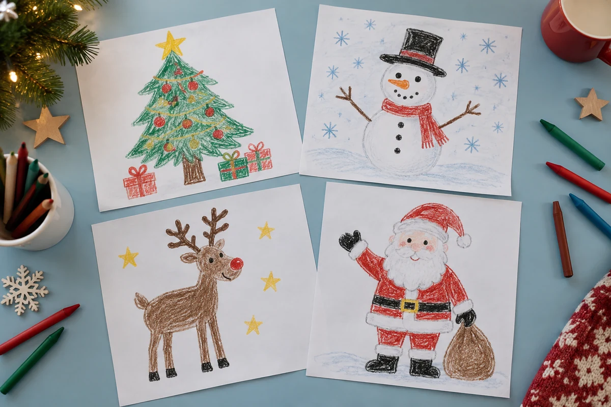 Quatre dessins coloriés représentant un sapin, un bonhomme de neige, un renne et le Père Noël