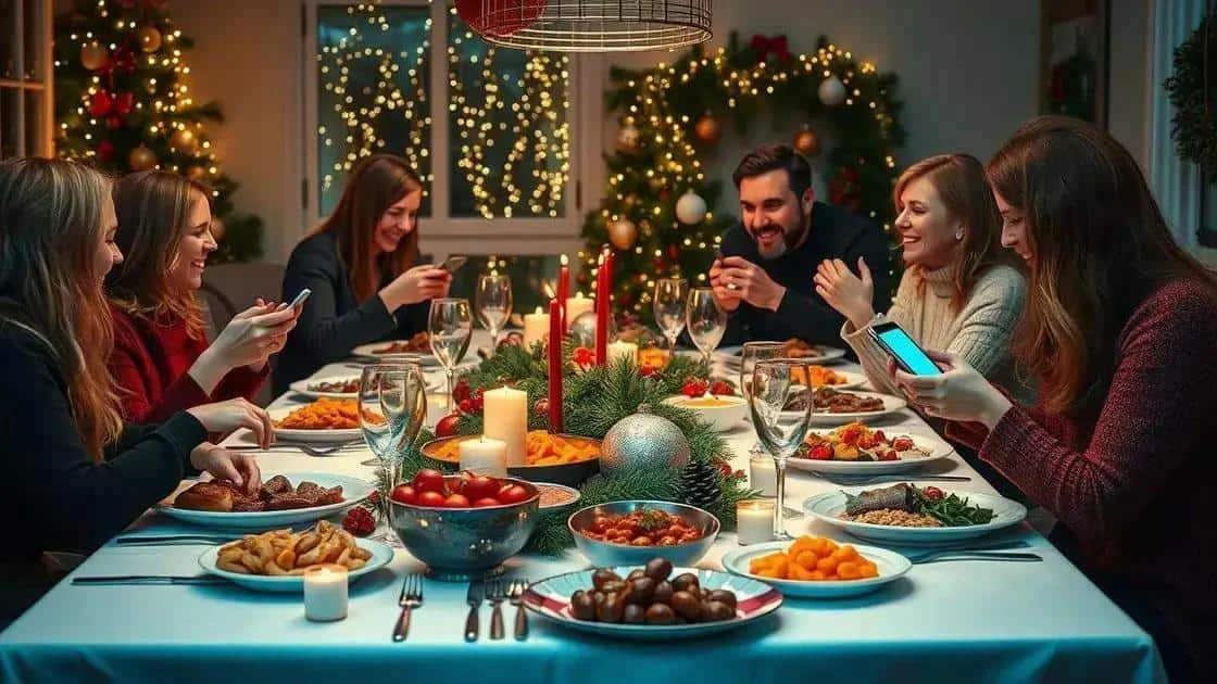 Adultes réunis autour d’un repas de fête avec des téléphones et des notes Adultes réunis autour d’un repas de fête avec des téléphones et des notes