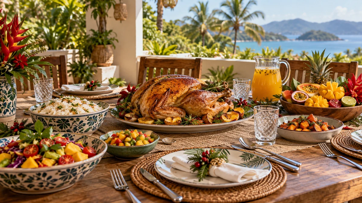 Illustration d’un repas de Noël avec volaille rôtie, riz et fruits sur une terrasse