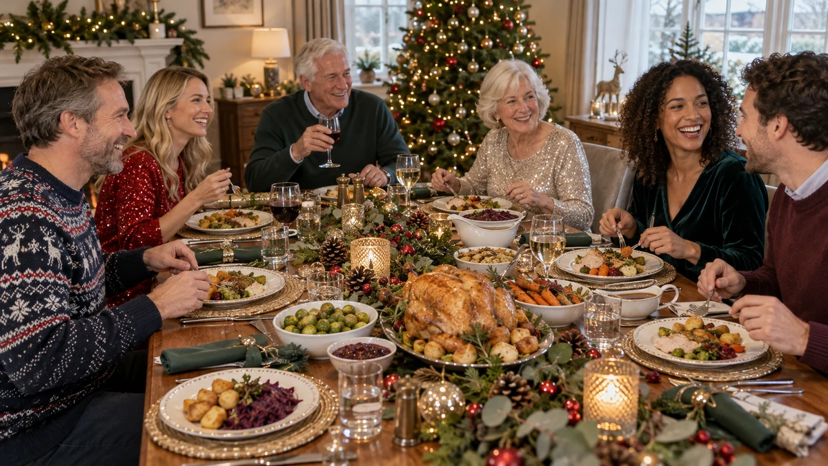 Famille et amis réunis autour d’un repas de Noël à la maison