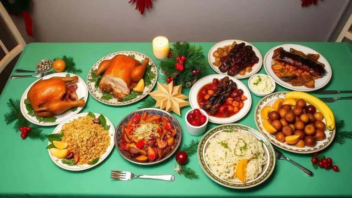 Plats rôtis, riz et accompagnements pour un repas de Noël