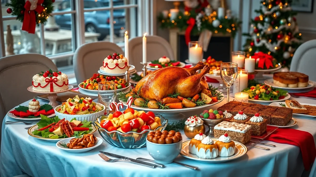 Repas de Noël avec volaille rôtie, légumes et accompagnements colorés Repas de Noël avec volaille rôtie, légumes et accompagnements colorés