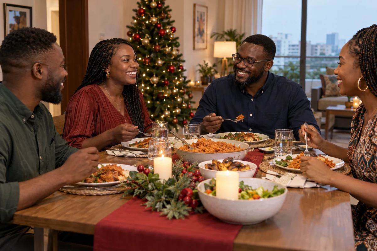 Illustration : quatre adultes partagent un repas près d’un sapin de Noël