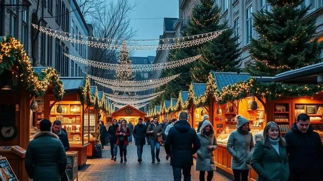 Une rue de marché de Noël avec des visiteurs et des stands illuminés