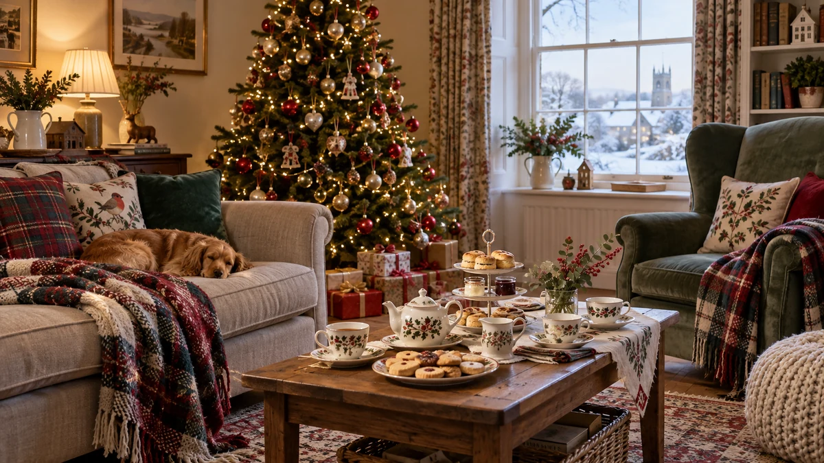 Salon décoré pour Noël avec théière et biscuits sur la table basse