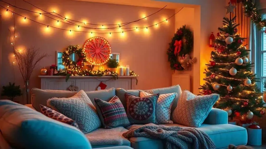 Salon avec canapé, sapin et guirlandes lumineuses aux tons chauds