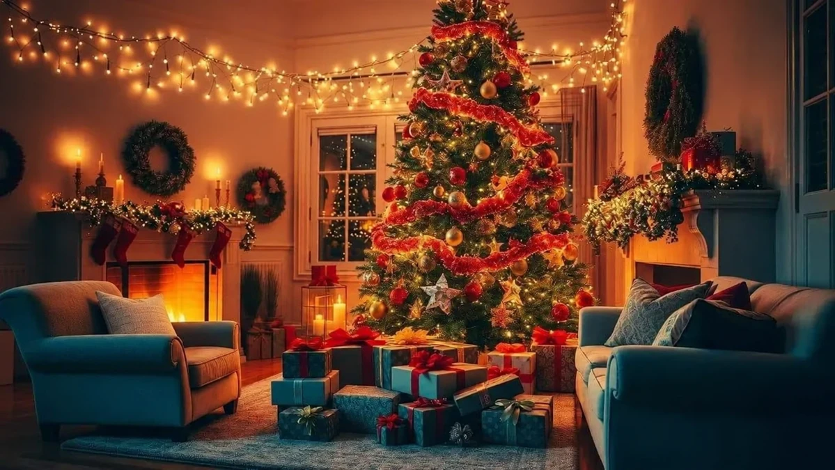 Salon illuminé avec sapin, cadeaux et fauteuils pour un décor de Noël Salon illuminé avec sapin, cadeaux et fauteuils pour un décor de Noël
