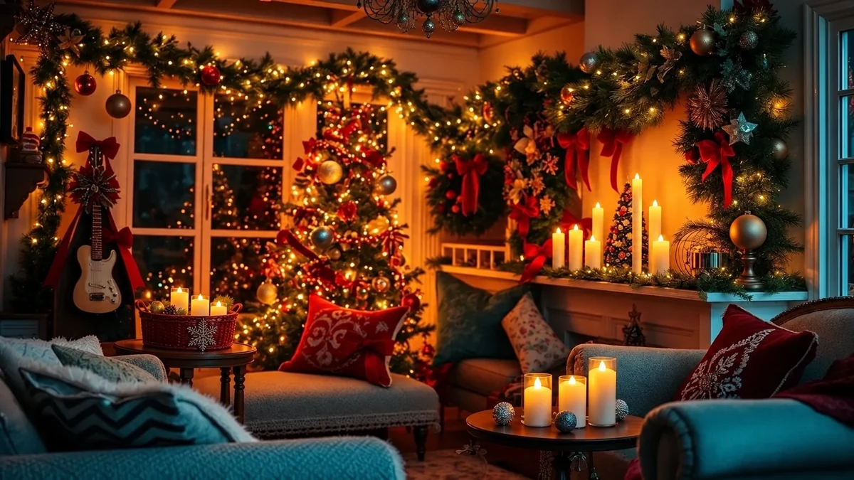 Salon décoré pour Noël avec guirlandes et bougies LED