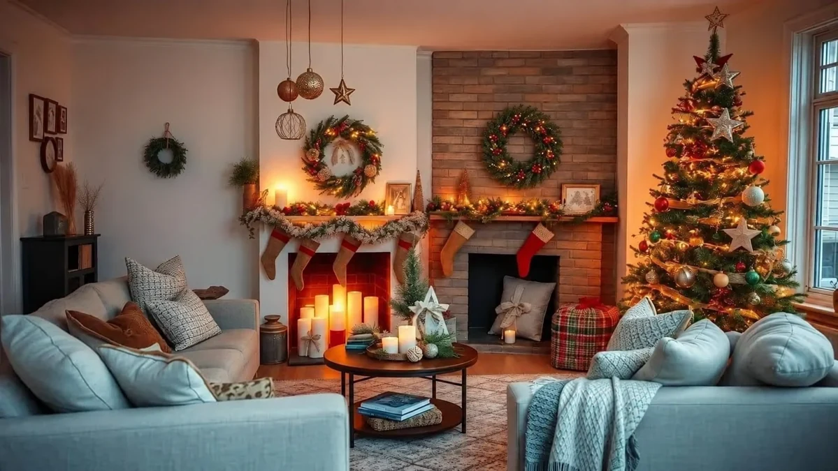 Un salon décoré pour Noël avec une couronne et un sapin
