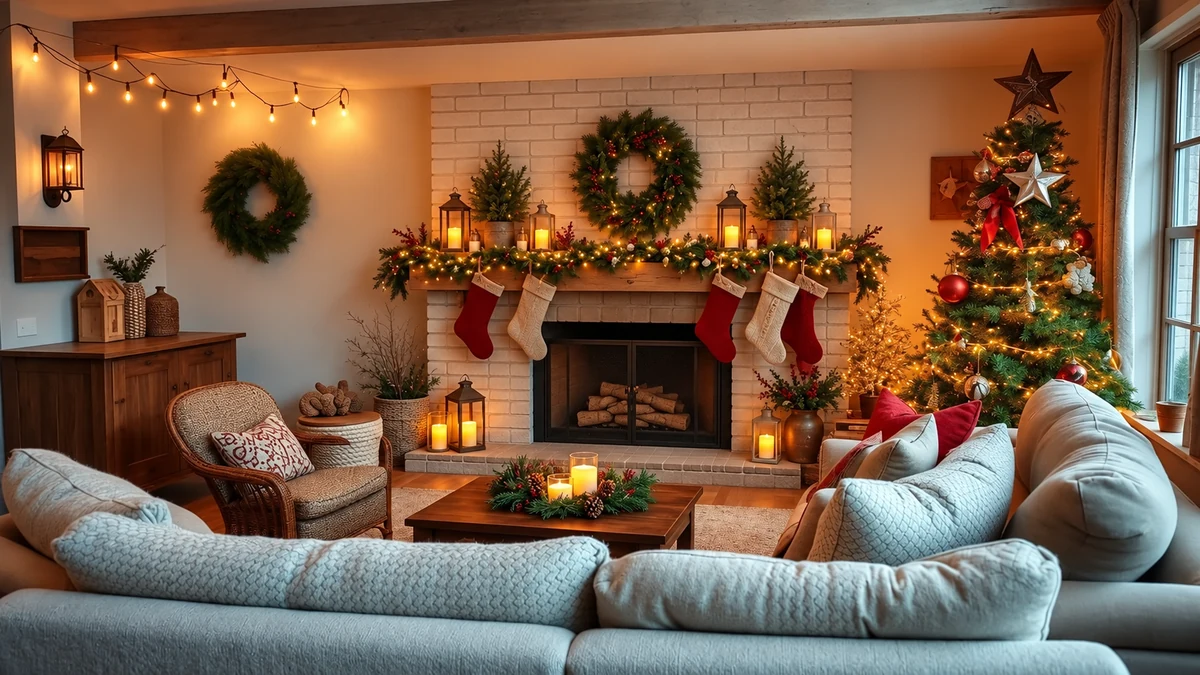 Un salon décoré pour Noël avec un sapin, des couronnes et une cheminée éteinte