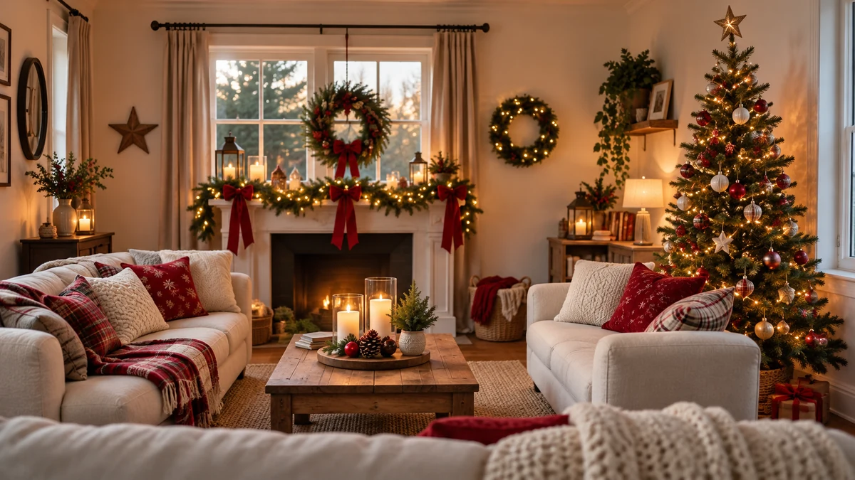 Un salon accueillant avec un sapin et des décorations de Noël Un salon accueillant avec un sapin et des décorations de Noël