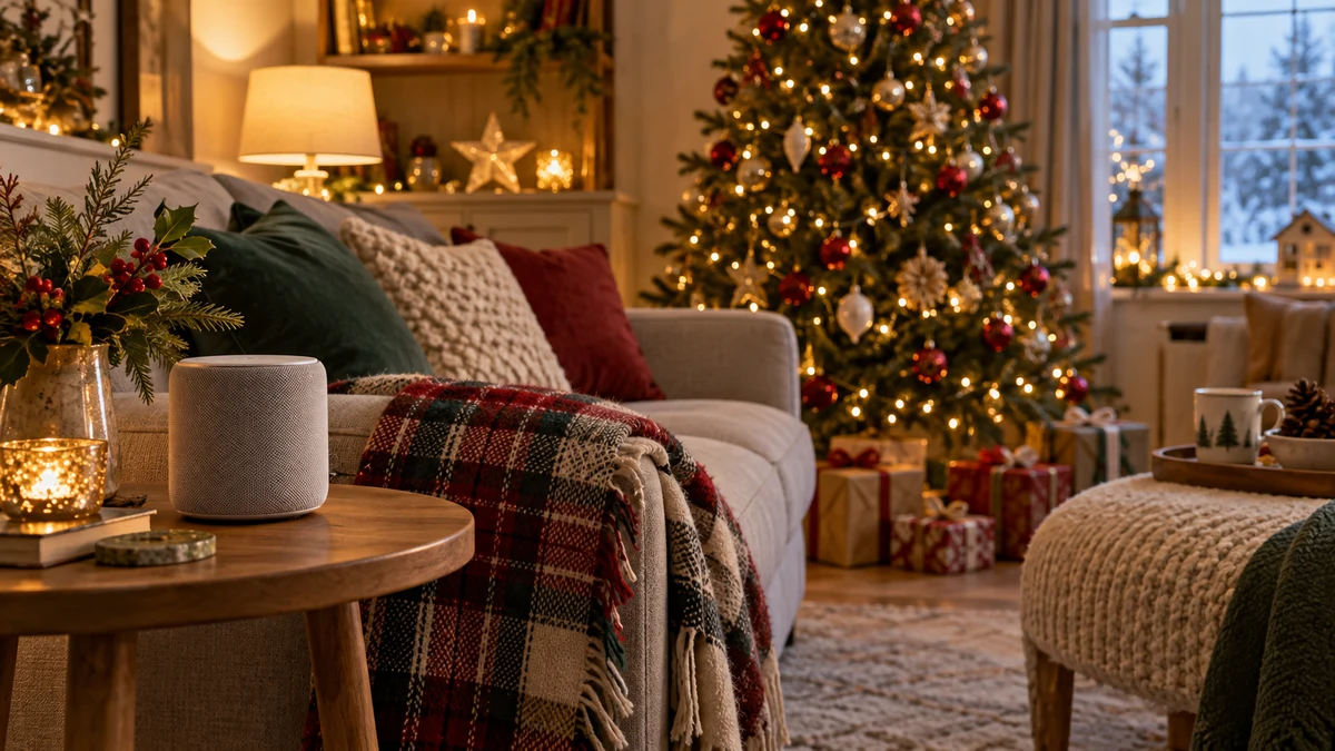Enceinte sur une table près d’un canapé et d’un sapin de Noël illuminé Enceinte sur une table près d’un canapé et d’un sapin de Noël illuminé