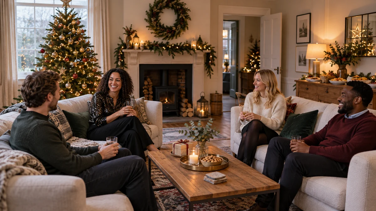 Invités assis dans un salon de Noël aménagé autour d’une table basse