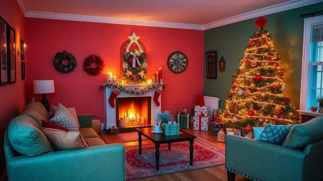 Salon décoré pour Noël avec un sapin et une palette rouge et verte