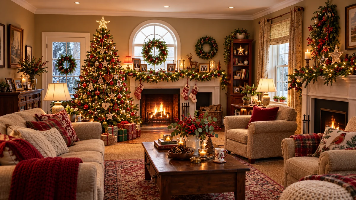 Salon décoré pour Noël avec des souvenirs et des objets de famille Salon décoré pour Noël avec des souvenirs et des objets de famille