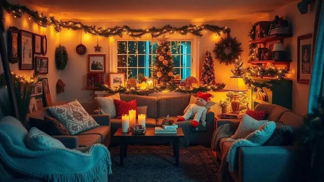 Salon décoré pour Noël avec photographies et objets personnels Salon décoré pour Noël avec photographies et objets personnels