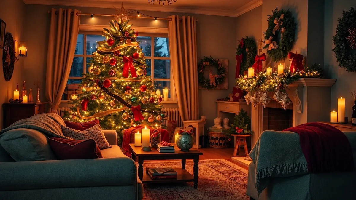 Salon décoré d’un sapin, de guirlandes et de bougies LED près d’une cheminée éteinte
