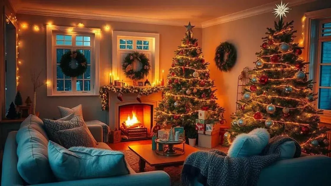 Salon chaleureux décoré de sapins et de couronnes de Noël